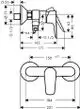 Hansgrohe-Brausemischer mit einer Benutzeroberfläche, ausgestattet mit deutlich sichtbaren Abmessungen und einer ergonomischen Form. Diagramme zeigen Anschlüsse und Maße.